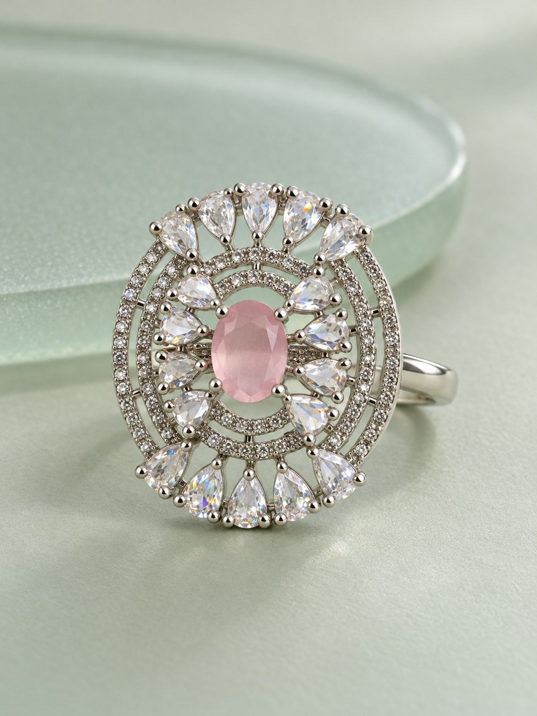 Pink Oval Center Halo Ring - Silver Plated - alternate view