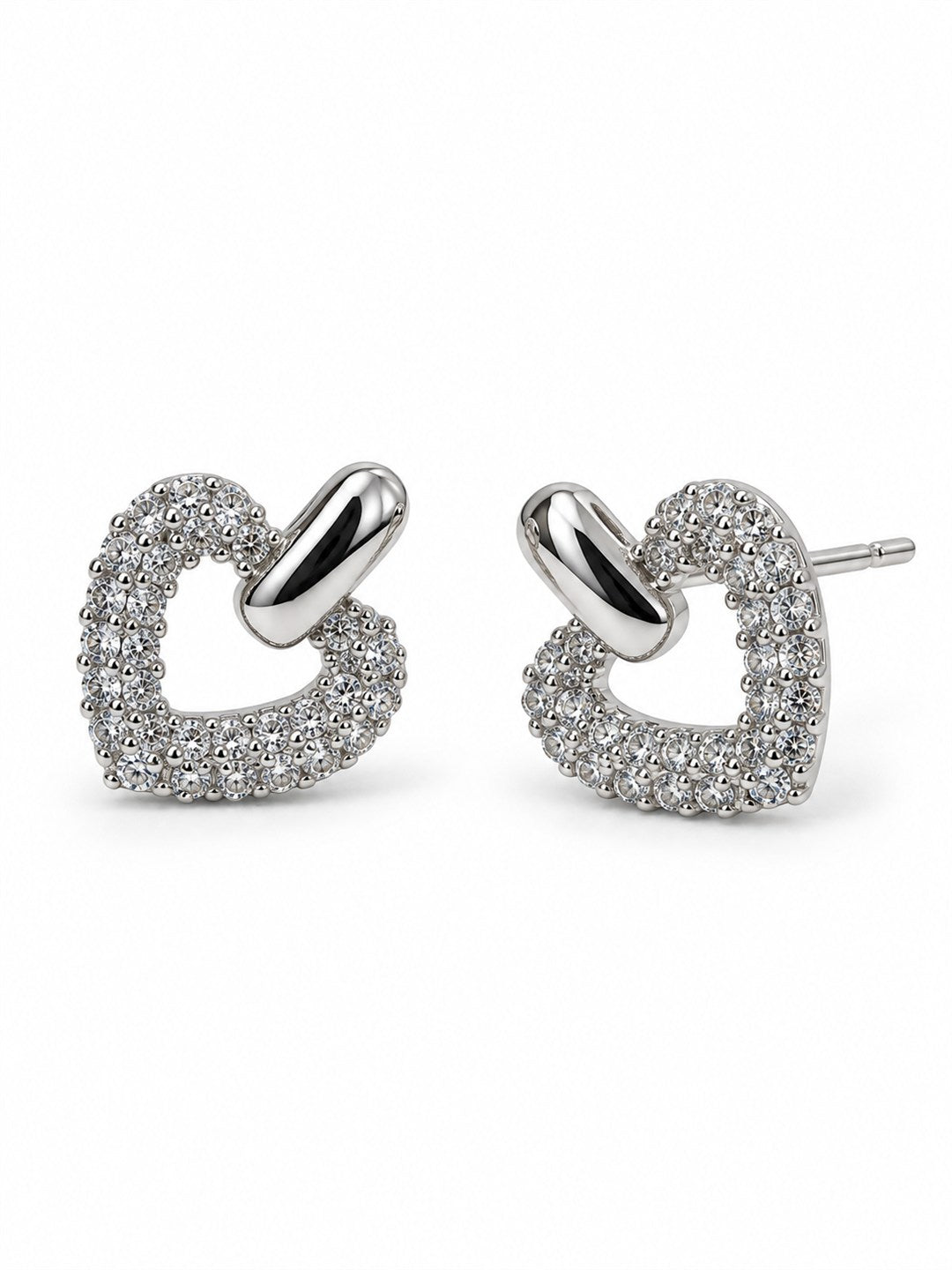 Clear Pave Open Heart Stud Earrings, silver plated, alternate product view