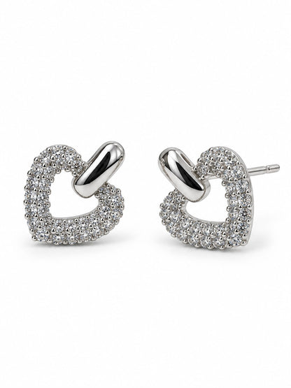 Clear Pave Open Heart Stud Earrings, silver plated, alternate product view