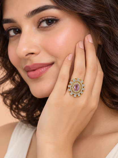 Lavender Center Stone Baguette Halo Ring - Gold Plated - model close-up