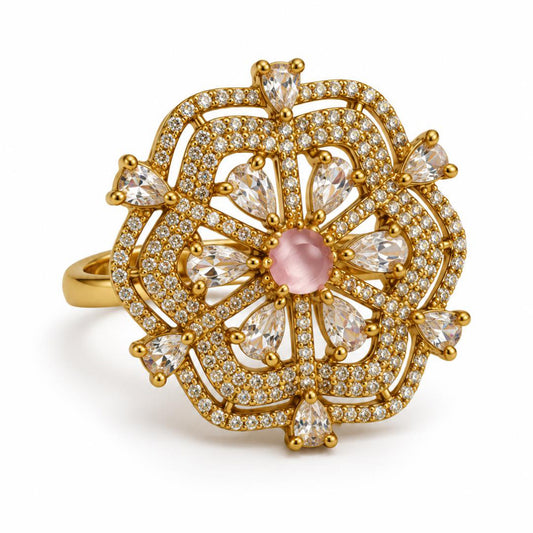 Pink Stone Scalloped Floral Halo Ring - Gold Plated, product view