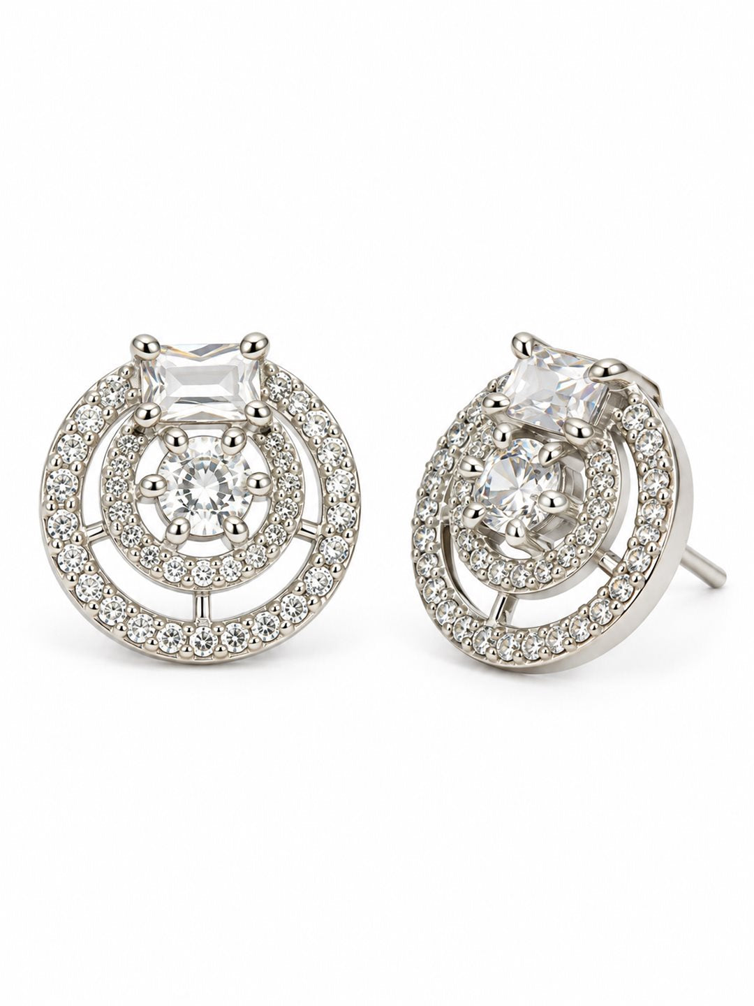 Clear Stone Double Halo Stud Earrings, silver plated, alternate product view