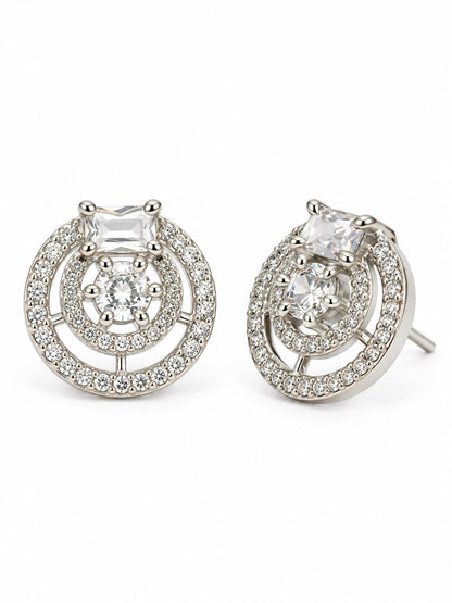 Clear Stone Double Halo Stud Earrings, silver plated, alternate product view