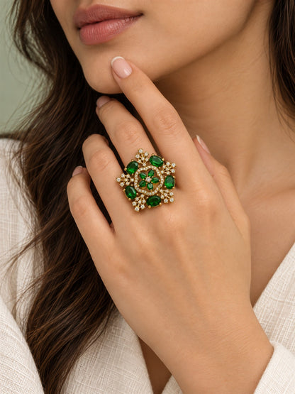 Green Stone Floral Cross Cluster Ring - Gold Plated, model close-up