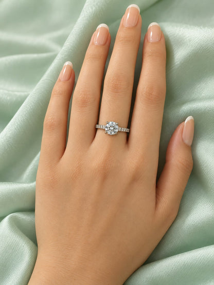 Clear Round Solitaire Pave Band Ring - Silver Plated, model close-up