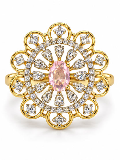 Pink Center Stone Scalloped Floral Halo Ring - Gold Plated
