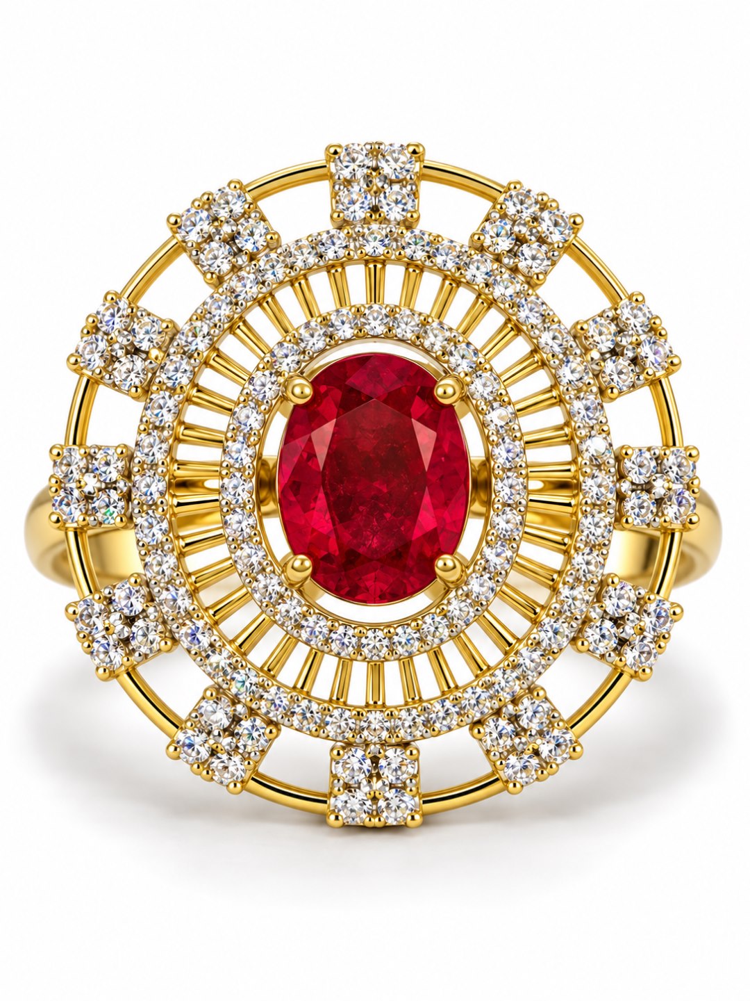 Red Center Stone Baguette Halo Ring - Gold Plated