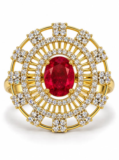 Red Center Stone Baguette Halo Ring - Gold Plated