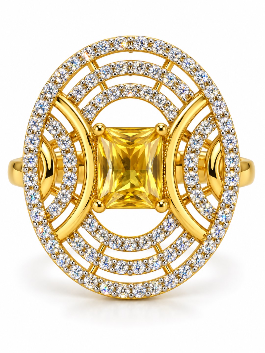 Yellow Center Stone Oval Geometric Halo Ring - Gold Plated
