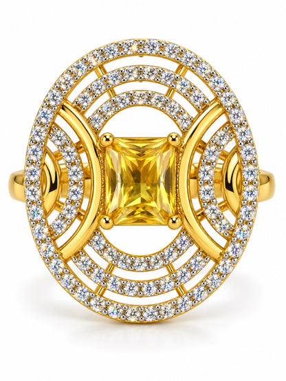 Yellow Center Stone Oval Geometric Halo Ring - Gold Plated
