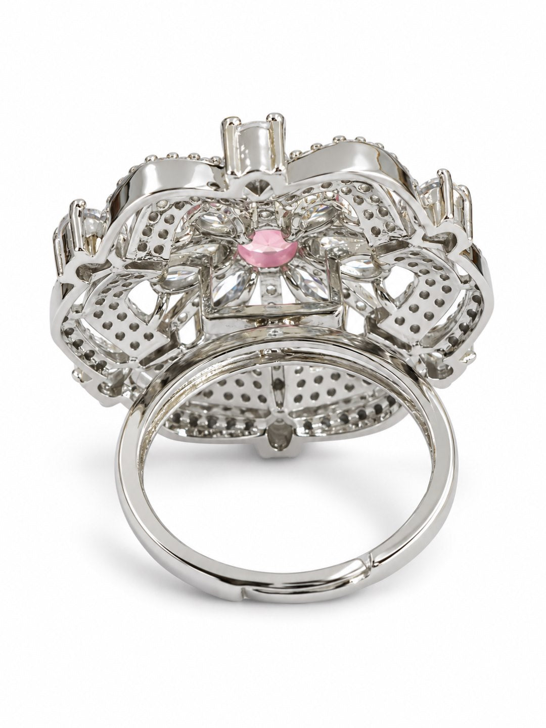 Pink Round Center Geometric Flower Ring - Silver Plated - alternate view