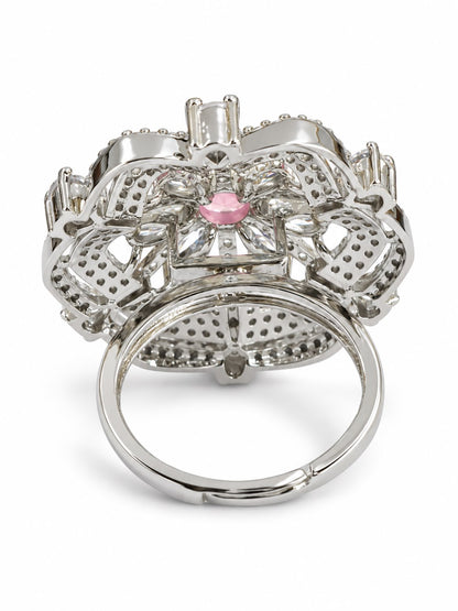 Pink Round Center Geometric Flower Ring - Silver Plated - alternate view
