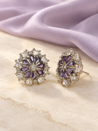 Purple Marquise Stone Floral Stud Earrings in silver plating