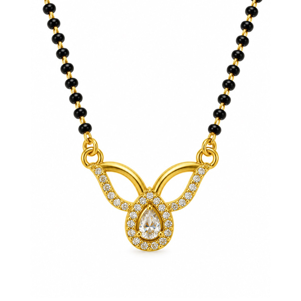 White teardrop and open leaf gold-plated mangalsutra