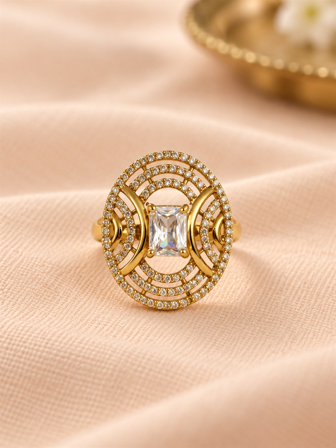Clear Stone Rectangular Stone Oval Halo Ring - Gold Plated, additional view 3