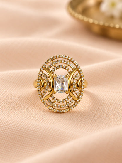 Clear Stone Rectangular Stone Oval Halo Ring - Gold Plated, additional view 3