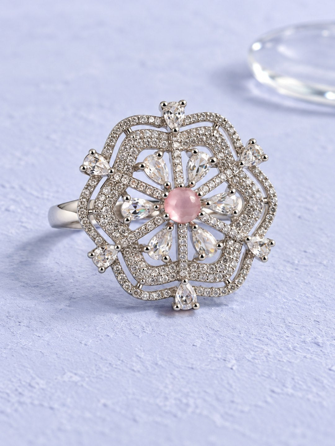 Pink Round Center Geometric Flower Ring - Silver Plated - alternate view