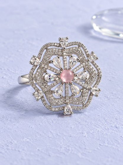 Pink Round Center Geometric Flower Ring - Silver Plated - alternate view