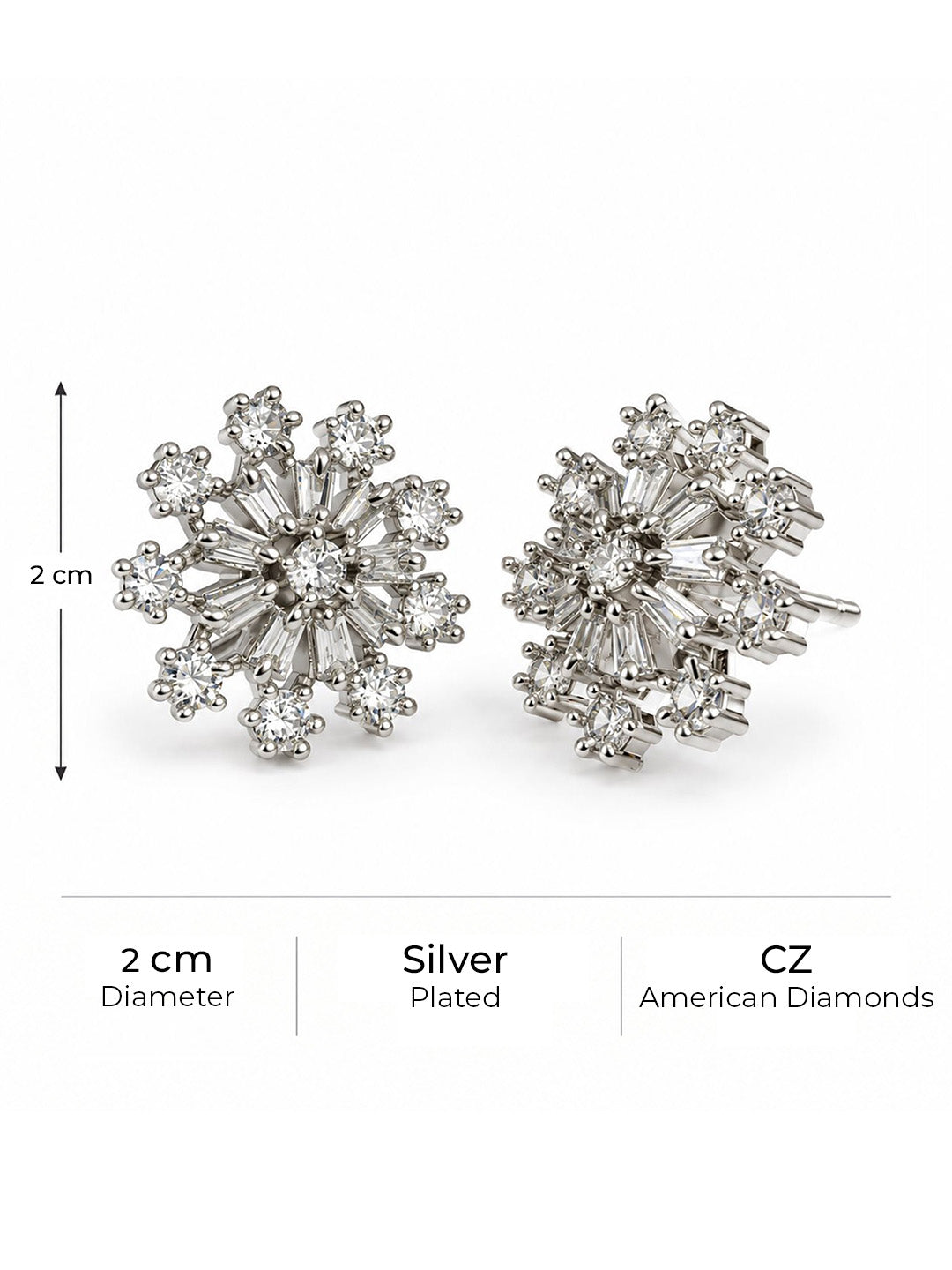Clear Baguette Sunburst Stud Earrings, silver plated, size and plating details