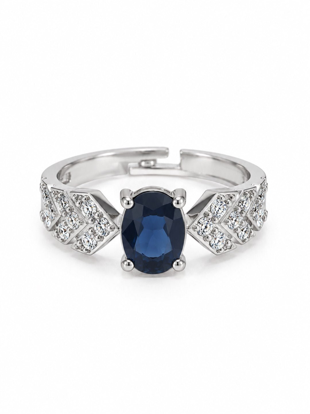 Blue Oval Center Stone Geometric Shoulder Ring - Silver Plated