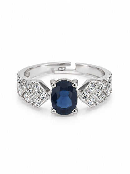 Blue Oval Center Stone Geometric Shoulder Ring - Silver Plated