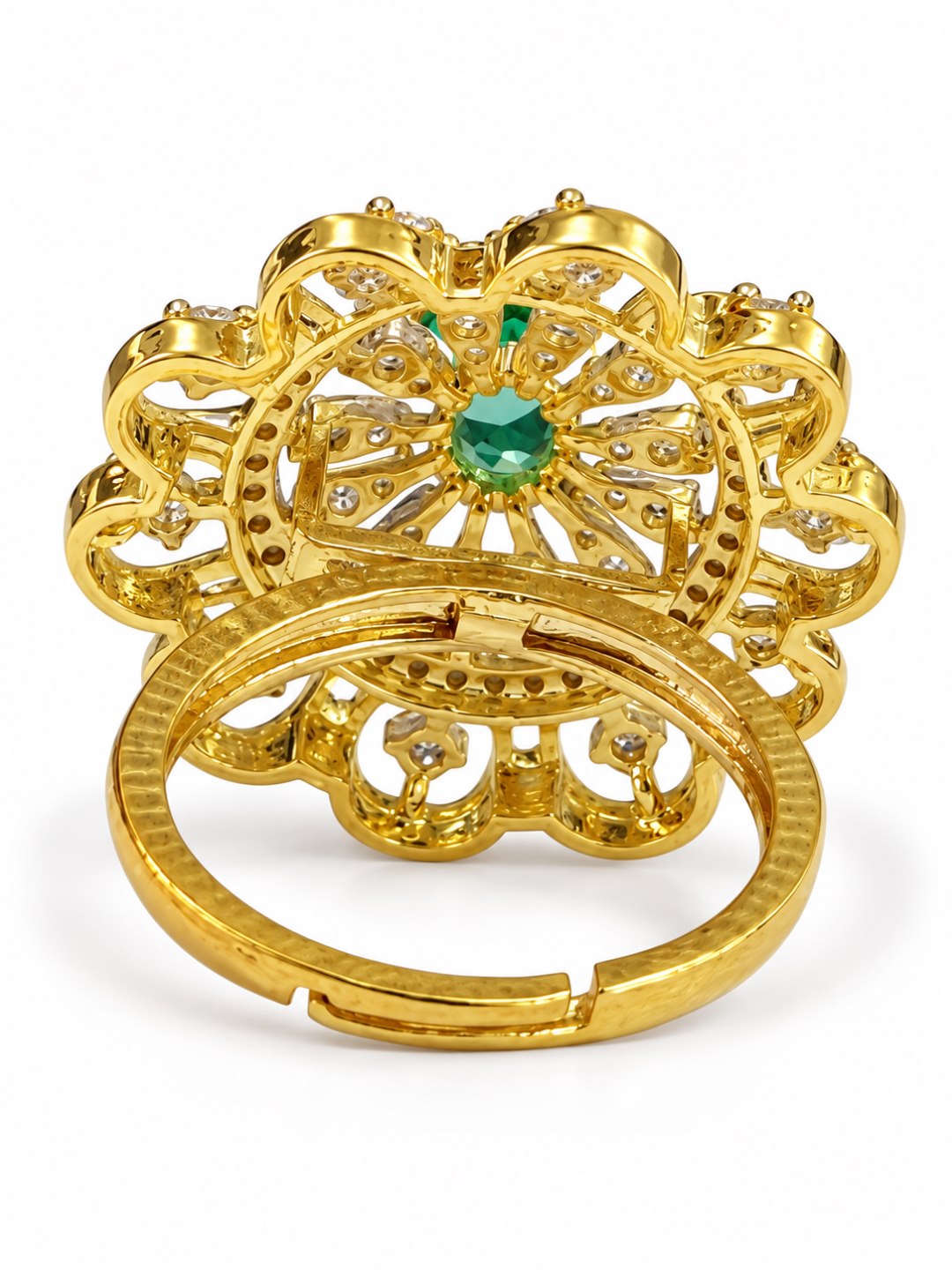 Green Center Stone Scalloped Floral Halo Ring - Gold Plated