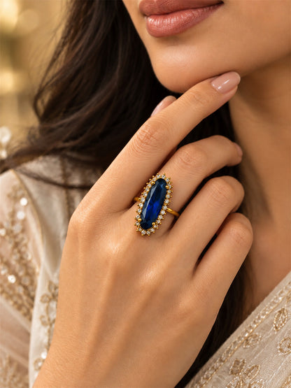 Blue Stone Elongated Stone Halo Ring - Gold Plated, model close-up