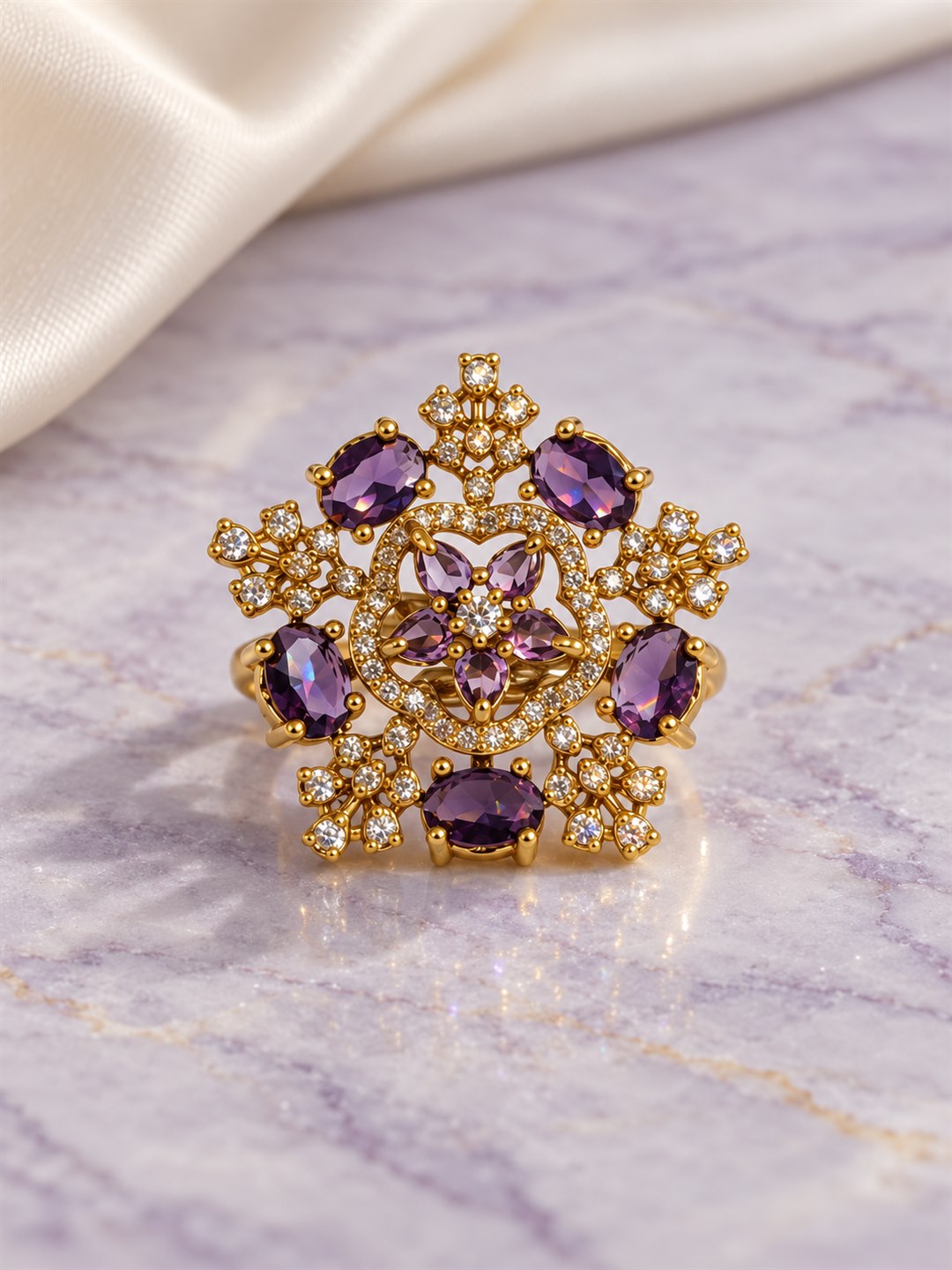 Purple Stone Floral Cross Cluster Ring - Gold Plated, additional view 3