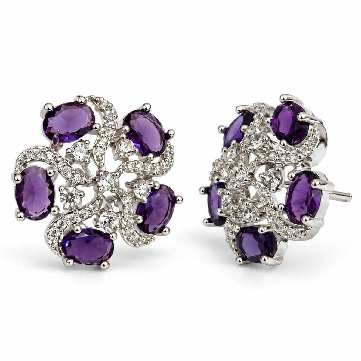 Purple Oval Stone Floral Stud Earrings in silver plating