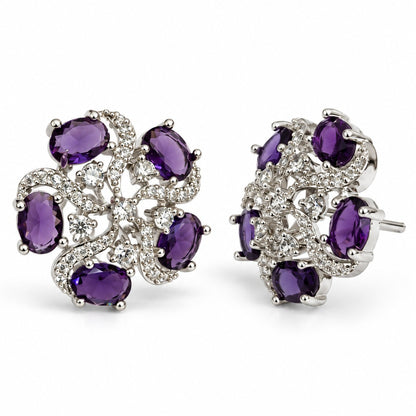 Purple Oval Stone Floral Stud Earrings in silver plating