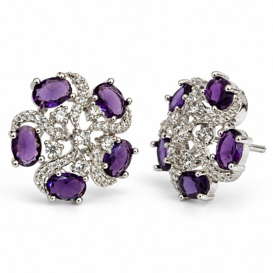 Purple Oval Stone Floral Stud Earrings in silver plating