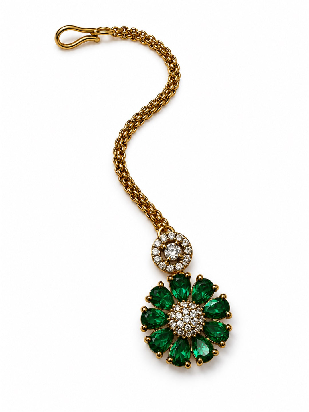 Green Teardrop Floral Maang Tikka - Gold Plated, additional view 1