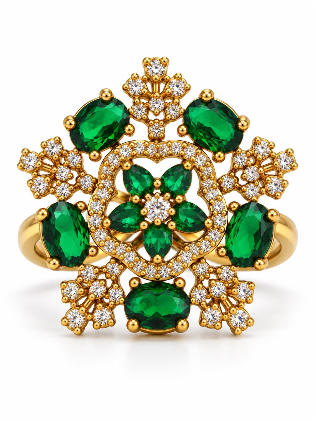 Green Stone Floral Cross Cluster Ring - Gold Plated, additional view 4