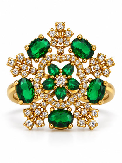 Green Stone Floral Cross Cluster Ring - Gold Plated, additional view 4