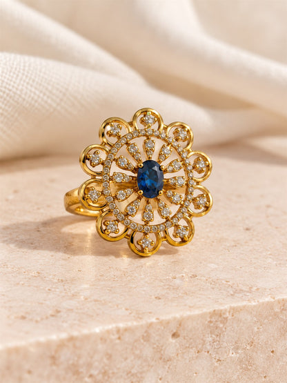Blue Stone Scalloped Sunburst Ring - Gold Plated, additional view 3