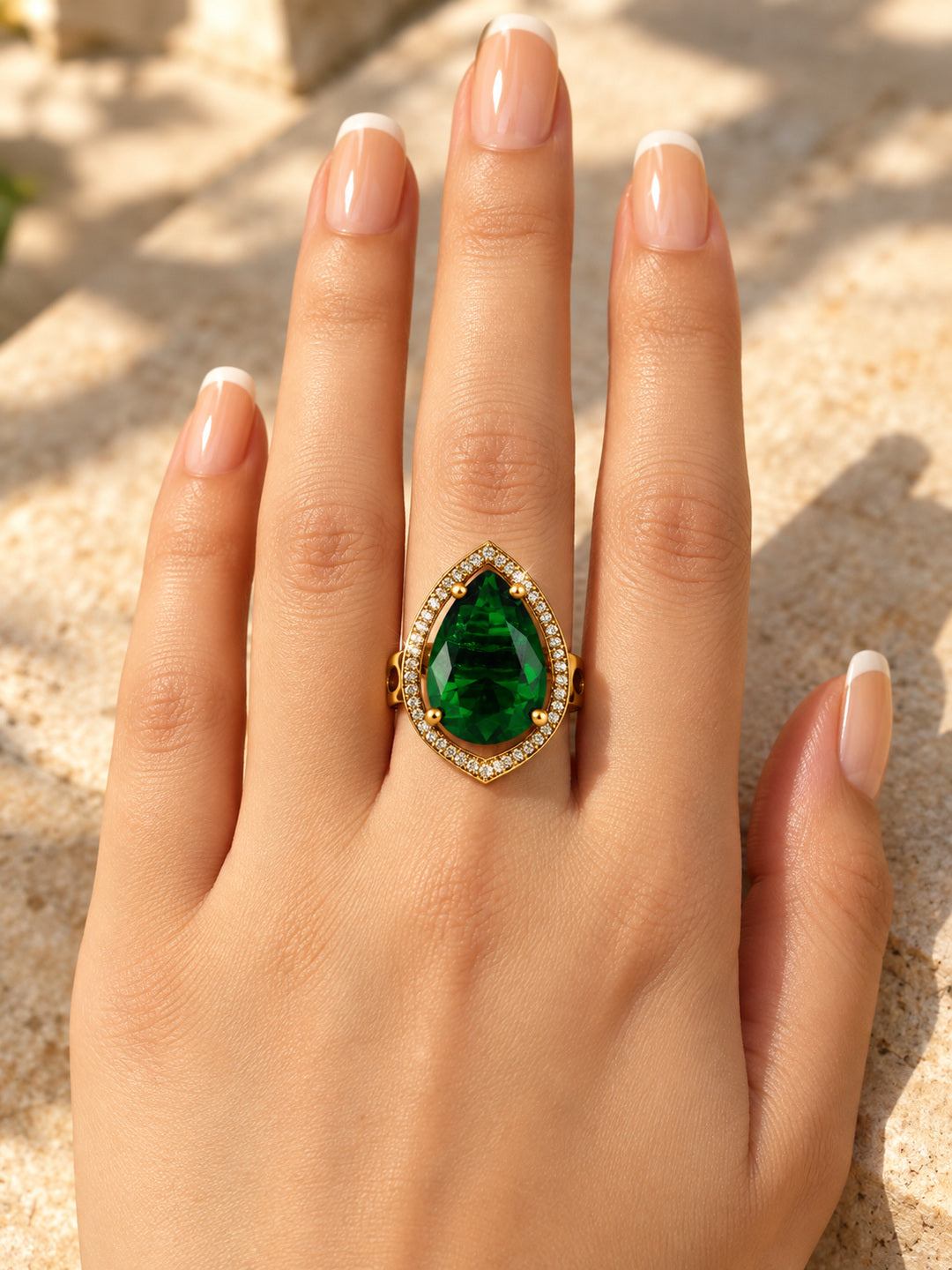 Green Pear Stone Halo Ring - Gold Plated, model close-up