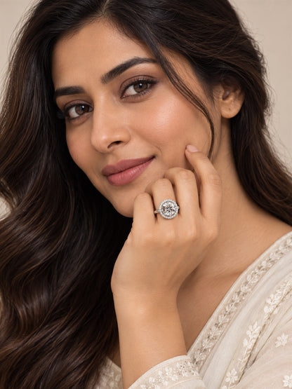 Clear Round Solitaire Halo Ring - Silver Plated