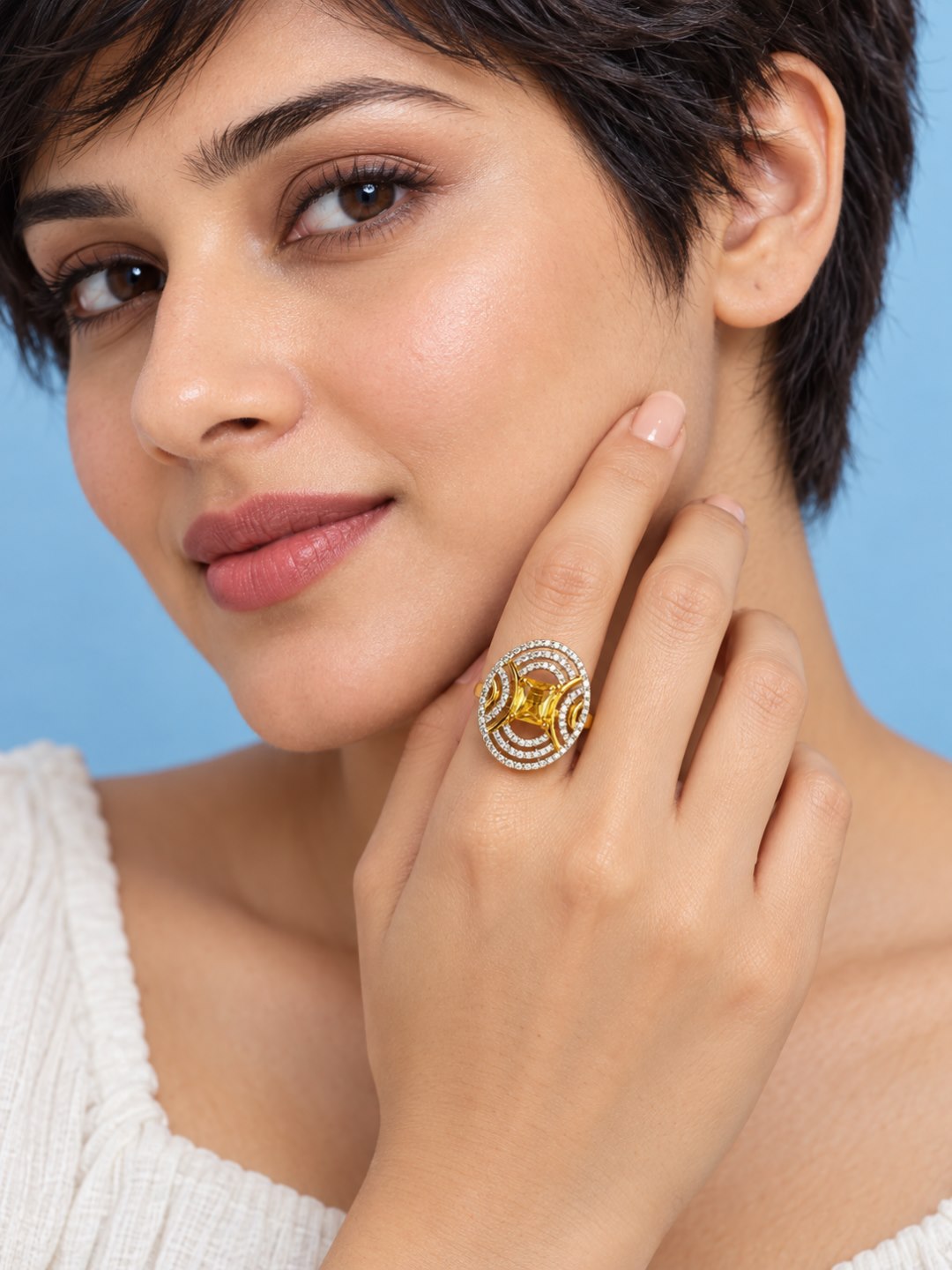 Yellow Center Stone Oval Geometric Halo Ring - Gold Plated - model close-up