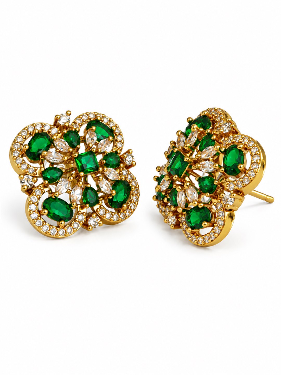 Green Four Petal Oval Stone Stud Earrings - Gold Plated