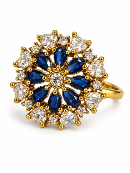 Blue Stone Teardrop Floral Cluster Ring - Gold Plated, additional view 1