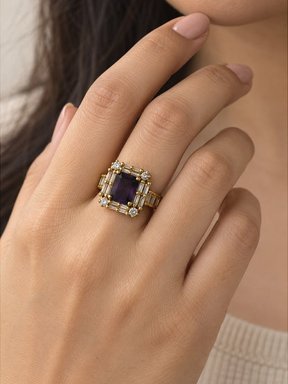Purple Center Stone Baguette Halo Ring - Gold Plated product image