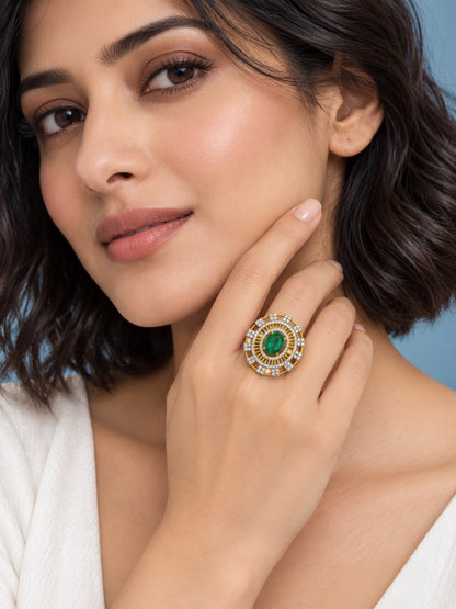 Sea Green Center Stone Baguette Halo Ring - Gold Plated - model close-up