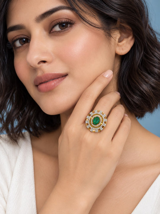 Sea Green Center Stone Baguette Halo Ring - Gold Plated - model close-up