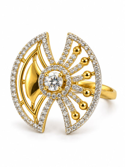 White Center Stone Fan Motif Ring - Gold Plated