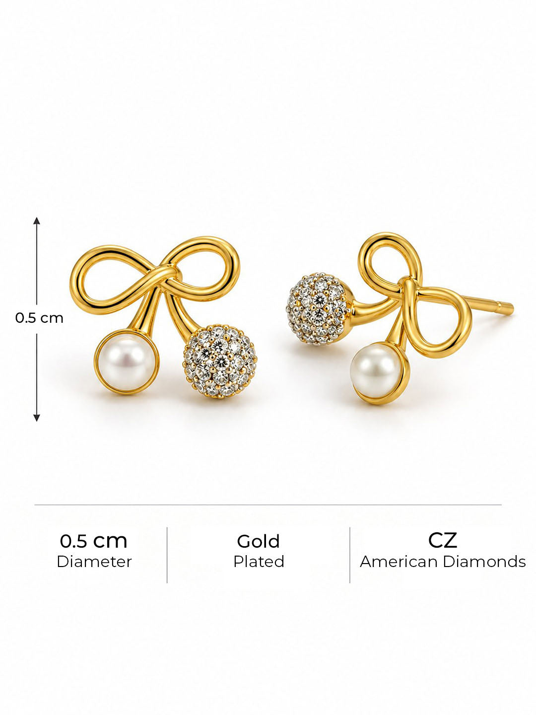 White Bead and Clear Stone Cherry Stud Earrings - Gold Plated, additional view 4