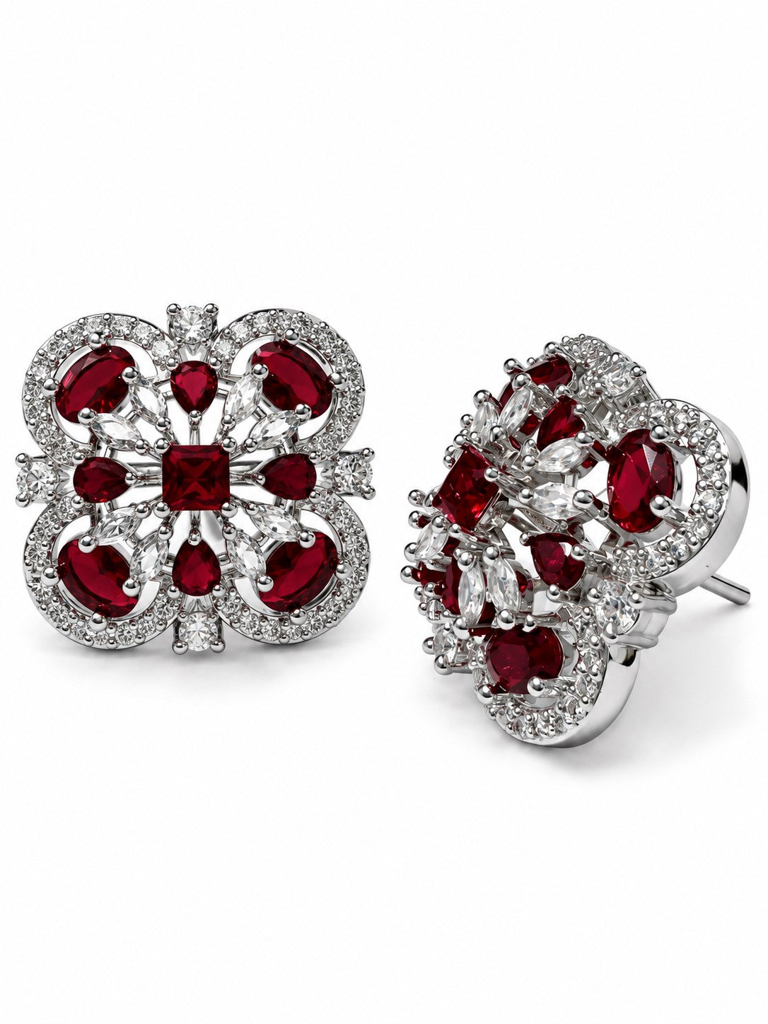 Red Scrollwork Floral Stud Earrings in silver plating