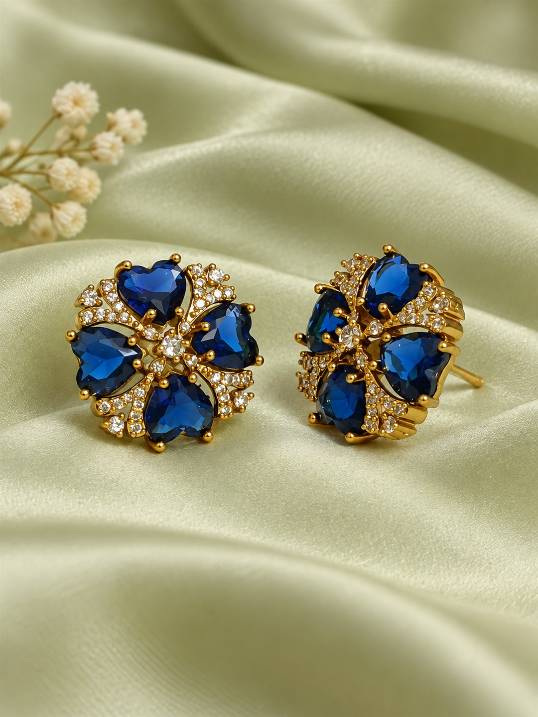 Blue Four Heart Floral Stud Earrings - Gold Plated
