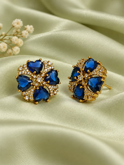 Blue Four Heart Floral Stud Earrings - Gold Plated