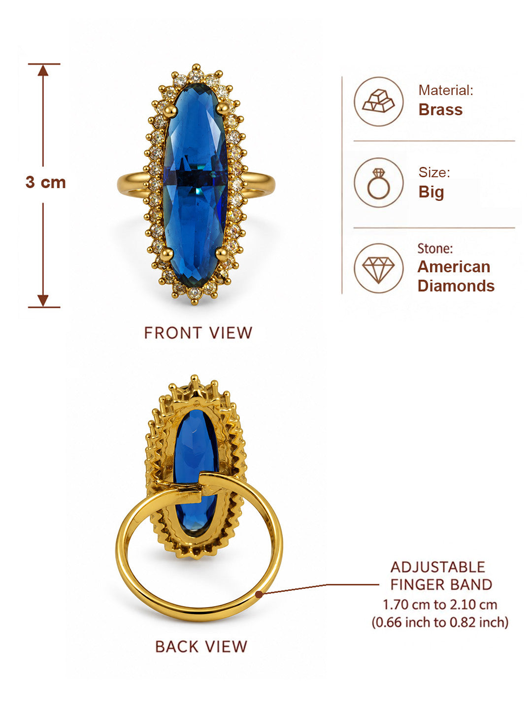 Blue Stone Elongated Stone Halo Ring - Gold Plated, additional view 6
