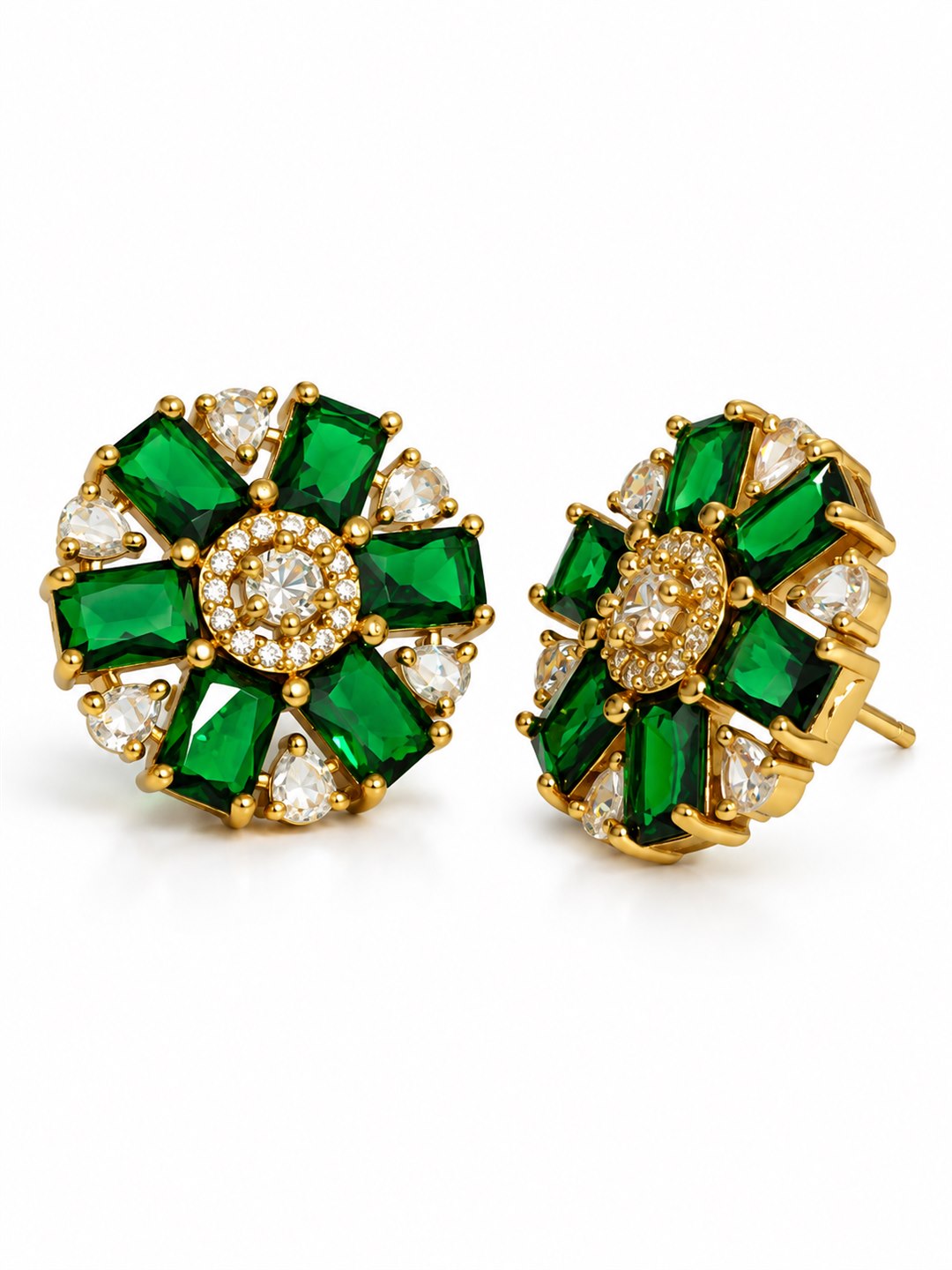 Green Baguette Petal Floral Stud Earrings - Gold Plated